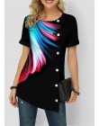 3D nadruk piór t-shirty damskie z krótkim rękawem nowa letnia koszula Tees duże rozmiary 5XL top damski guziki z krótkim rękawem