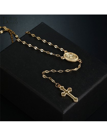 BOAKO złoty krzyż naszyjnik różaniec Madonna moneta naszyjniki dla kobiet biżuteria religijna sweter długi naszyjnik z łańcuszki