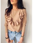 Moda solidna z falbanką O-Neck z długim rękawem T-Shirt dla kobiet jesień 2019 Casual Loose Splice nowe koszulki bawełniane najl
