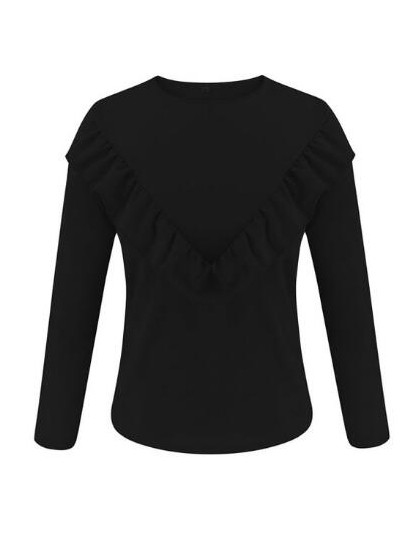 Moda solidna z falbanką O-Neck z długim rękawem T-Shirt dla kobiet jesień 2019 Casual Loose Splice nowe koszulki bawełniane najl