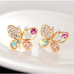 Nowy koreański luksusowe Hollow błyszczące kolorowe cystal imitacja perły motyl stadniny kolczyki E3266