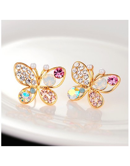 Nowy koreański luksusowe Hollow błyszczące kolorowe cystal imitacja perły motyl stadniny kolczyki E3266