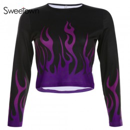Sweetown w stylu casual, z nadrukami prosta koszulka damska Streetwear płonący ogień graficzne koszulki O Neck z długim rękawem 