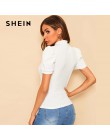 SHEIN Office Lady biały Mock-neck bufiaste rękawy z litego materiału T Shirt lato jednolity, w stylu basic krótki bufiasty rękaw