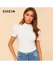 SHEIN Office Lady biały Mock-neck bufiaste rękawy z litego materiału T Shirt lato jednolity, w stylu basic krótki bufiasty rękaw