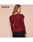 SHEIN Gingham Print eleganckie koszulki damskie topy 2019 jesień koreański Leg-Of-baranina rękaw biurowa, damska Basic topy i ko