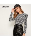 SHEIN Gingham Print eleganckie koszulki damskie topy 2019 jesień koreański Leg-Of-baranina rękaw biurowa, damska Basic topy i ko