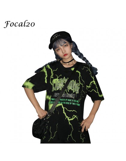 Focal20 Streetwear kobiety błyskawica list druku t-shirt z dekoltem w kształcie litery "o" letnia sukienka na co dzień luźne T S