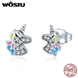 WOSTU 925 Sterling Silver olśniewający jednorożec Licorne stadniny kolczyki dla kobiet dziewczyna śliczne srebrny wyczyść CZ biż