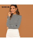 SHEIN Modern Lady czarno-biały Slim Fit Mock wysoki dekolt w paski w paski z dzianiny T-shirt 2018 jesień Campus koszulka damska