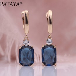 PATAYA New Square Dark Blue długie kolczyki kobiety biżuteria ślubna 585 różowe złoto Hollow Multicolor Natural cyrkon Dangle ko