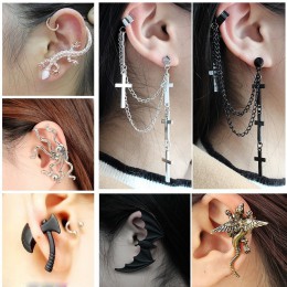 Punk Gothic kolczyki ze zwierzętami dla kobiet klub nocny frędzle metalowe krzyż Bat wąż jaszczurka smok ośmiornica Ear Cuff Ear