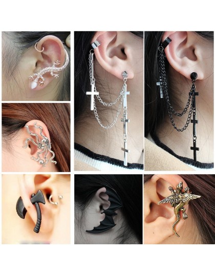 Punk Gothic kolczyki ze zwierzętami dla kobiet klub nocny frędzle metalowe krzyż Bat wąż jaszczurka smok ośmiornica Ear Cuff Ear