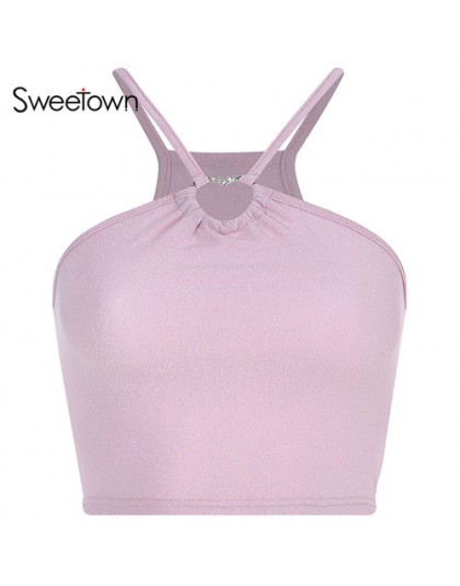 Sweetown różowy jednolity tank top odzież sportowa diament Patchwork Bralette krótkie bluzki Off Shoulder Backless stanik odzież
