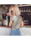 WOTWOY srebrne błyszczące Lurex dzianiny t-shirty damskie 2020 lato Sexy Slim O-Neck koszulka z krótkim rękawem kobieta jednolit