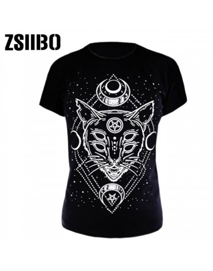 T Shirt kobieta 2019 Gothic Star Punk Cat koszule z nadrukiem Galaxy z krótkim rękawem nadruk kota czarny luźny Punk Casual Femm