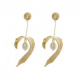 Yhpup osobowość minimalistyczny zakręt roślina liściasta złote kolczyki zwisają naturalne perły Vintage kolczyki dla kobiet Part