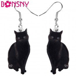 Bonsny akrylowe śliczne czarne kotki kolczyki wypadnij zwisają Stud klip moda zwierząt biżuteria z motywem zwierząt domowych dla