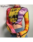 Hugcitar tie barwnik wzór kolorowe siatki seksowne topy 2019 lato kobiety moda z długim rękawem na szyję patchwork klub t shirt