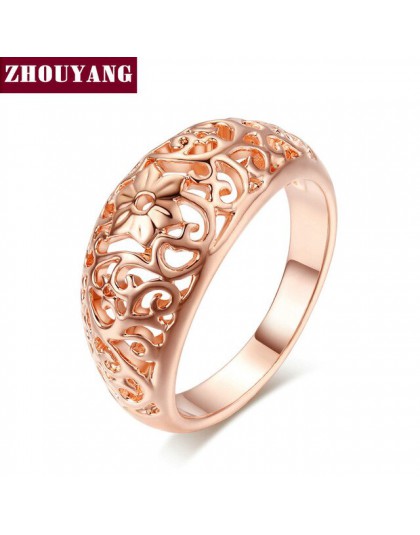 ZHOUYANG pierścień dla kobiet kwiat Hollowing craft różowe złoto kolor srebrny i czarny złoty kolor biżuteria dar przyjaźni R281
