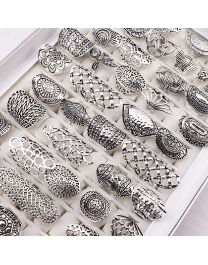 Sprzedaż hurtowa 20 sztuk/partii Mix Style Vintage rzeźbiony kwiat srebrny pozłacana biżuteria pierścionki dla kobiet rozmiar 17