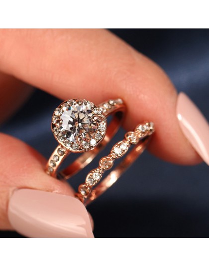 2 sztuk/zestaw 2019 luksusowy biały różowy kamień kryształowe pierścionki dla kobiet złoty kolor obrączki ślubne biżuteria Drops