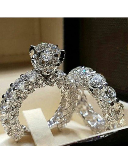 Modyle elegancki pierścionek z cyrkonią biżuteria kolor srebrny zaręczynowy zestaw pierścieni ślubnych dla kobiet