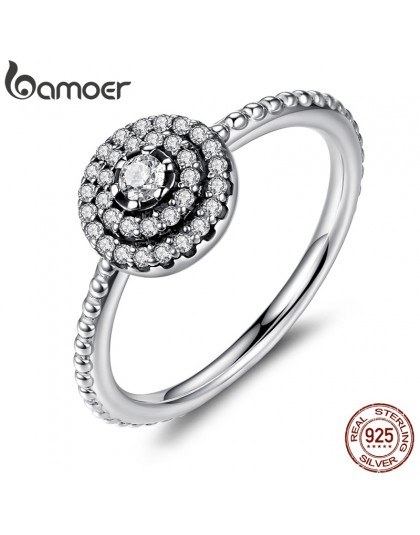 BAMOER 925 Sterling Silver okrągły kształt promienna elegancja, kwiat z czystą cyrkonią pierścienie dla kobiet rocznica sprzedaż