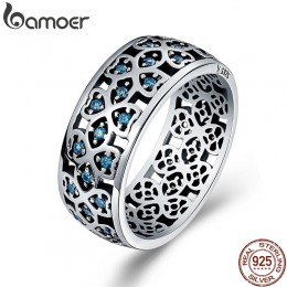 BAMOER 100% 925 srebro płatki miłości słodka koniczyna niebieskie pierścionki z kwadratowymi cyrkoniamii dla kobiet biżuteria za