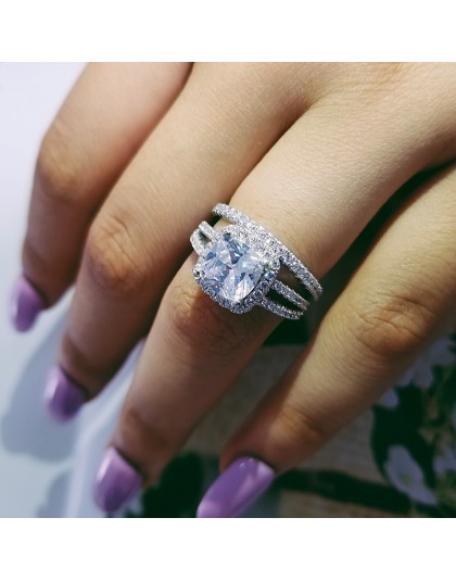 925 Sterling srebrne wesele zestaw pierścieni 3 w 1 band pierścień dla kobiet zaręczyny biżuteria dla nowożeńców palec moonso R4