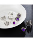 Tocona 9 sztuk/zestawów purpurowy kryształ górski Vintage srebrne pierścienie dla kobiet kwiaty geometria czeski biżuteria ślub 