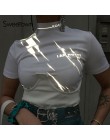 Sweetown odblaskowy nadruk błyskawicy biała koszulka z krótkim rękawem O-Neck Slim Sexy krótki top prosta koszulka gorące letnie