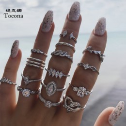 Tocona 15 sztuk/zestawów Vintage srebrne pierścionki dla kobiet list niewypełnione serce geometryczny liść jasny kryształ kamień