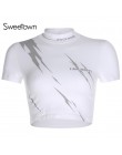 Sweetown odblaskowy nadruk błyskawicy biała koszulka z krótkim rękawem O-Neck Slim Sexy krótki top prosta koszulka gorące letnie