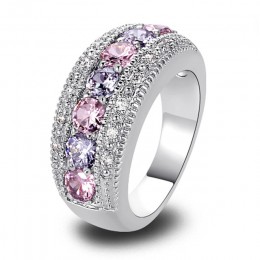Lingmei DropShippng hojny Fashion Lady różowy Cubic cyrkon turmalin srebrny pierścień rozmiar 6 7 8 9 10 11 12 13 romantyczna bi