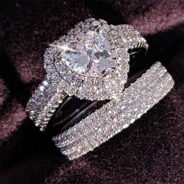 Oryginalny 925 sterling silver heart cut cyrkon zestaw pierścieni ślubnych dla kobiet bride biżuteria zaręczynowa zespół eternit