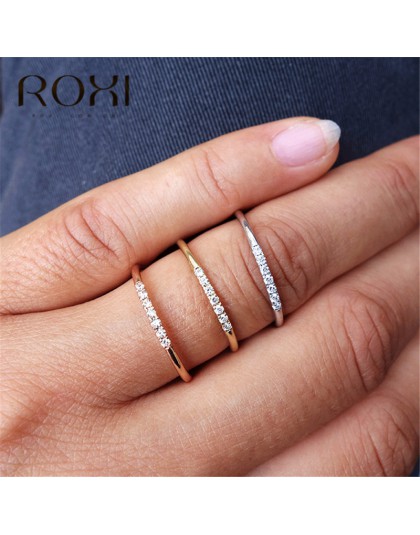 ROXI Micro Pave CZ cyrkon Crstal pierścienie dla kobiet zwięzłe klasyczne Wedding Band delikatny cienki pierścionek zaręczynowy 