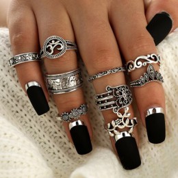 Docona Boho słoń kwiat Midi Finger zestaw pierścieni dla kobiet Punk drążą Sliver Knuckle pierścionki biżuteria prezent 9 sztuk/