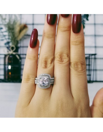 2020 nowy projekt luksusowe 3 sztuk 3 w 1 925 srebro pierścień poduszki zaręczynowy ślub zestaw pierścieni dla kobiet biżuteria 