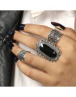 Docona Vintage kolor srebrny duża czarno Rhinestone pierścionki dla kobiet Tribal kamień z dziurką kwiaty Knuckle Midi pierścień