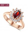 ZHOUYANG pierścionek dla kobiet czerwony kryształ elegancki pierścionek zaręczynowy obrączka różowe złoto kolor z austriackimi k