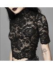Goth ciemne estetyczne siatki drążą koszulki dziura bluzka patchworkowa solidna koszulka gotyckie prześwitujące z haftem T shirt