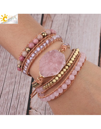 CSJA kamień naturalny bransoletka różowy skóra quartz bransoletki dla kobiet różowe klejnoty kryształowe koraliki biżuteria bohe
