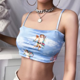 2019 nowych moda kobiet kamizelka koszulka na ramiączce kamizelka bez rękawów zimne ramię anioł kupidyna druku krótki Camis kobi
