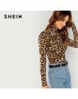 SHEIN Brown Highstreet Office Lady na szyję wzór w cętki wyposażone swetry koszulka z długim rękawem 2018 jesień Casual Women T-