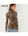 SHEIN Brown Highstreet Office Lady na szyję wzór w cętki wyposażone swetry koszulka z długim rękawem 2018 jesień Casual Women T-