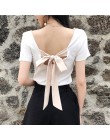 Moda damska Slim T Shirt seksowna koronka z tyłu w górę łuk TShirt kobiety głęboki dekolt z krótkim rękawem kobiet T-shirt kobie