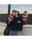 Neploe koreański Harajuku Patchwork koszulki z krótkim rękawem fałszywe dwa kawałki Rainbow w paski z długim rękawem luźna koszu