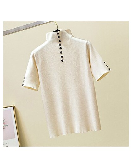2019 lato Vogue dzianiny przycisk T koszula kobiety golfem z krótkim rękawem Slim jednolita koszulka koszula Femme sweter damski