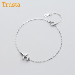 Trusta 100% 925 solidna prawdziwe srebro moda kobiety biżuteria samolot z bransoletka z cyrkonią 15.5cm dla nastoletnie dziewczy